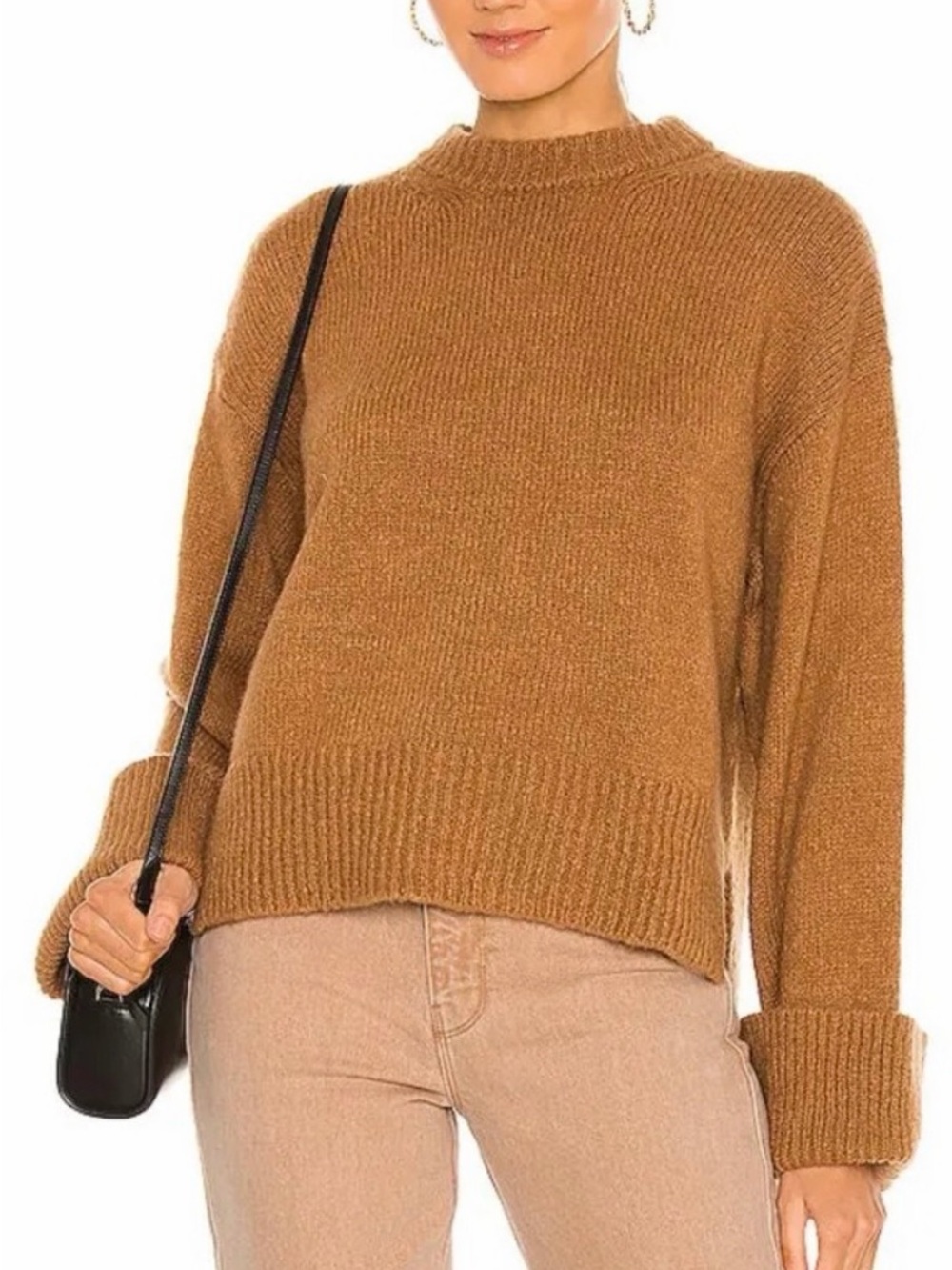 Frame Leon Relaxed Crewneck Cuffed Sleeve Wool Blend Sweater - Camel